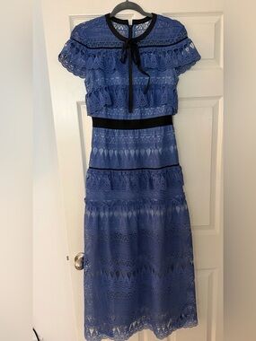 Self-Portrait Cornflower Blue Lace Maxi Dress with Black Trim